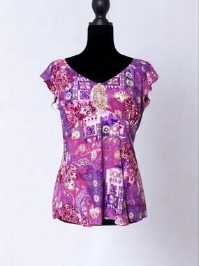 Vtg Y2K Delicates Pink Purple Floral Print Flutter Sleeve Top Crystal Beaded